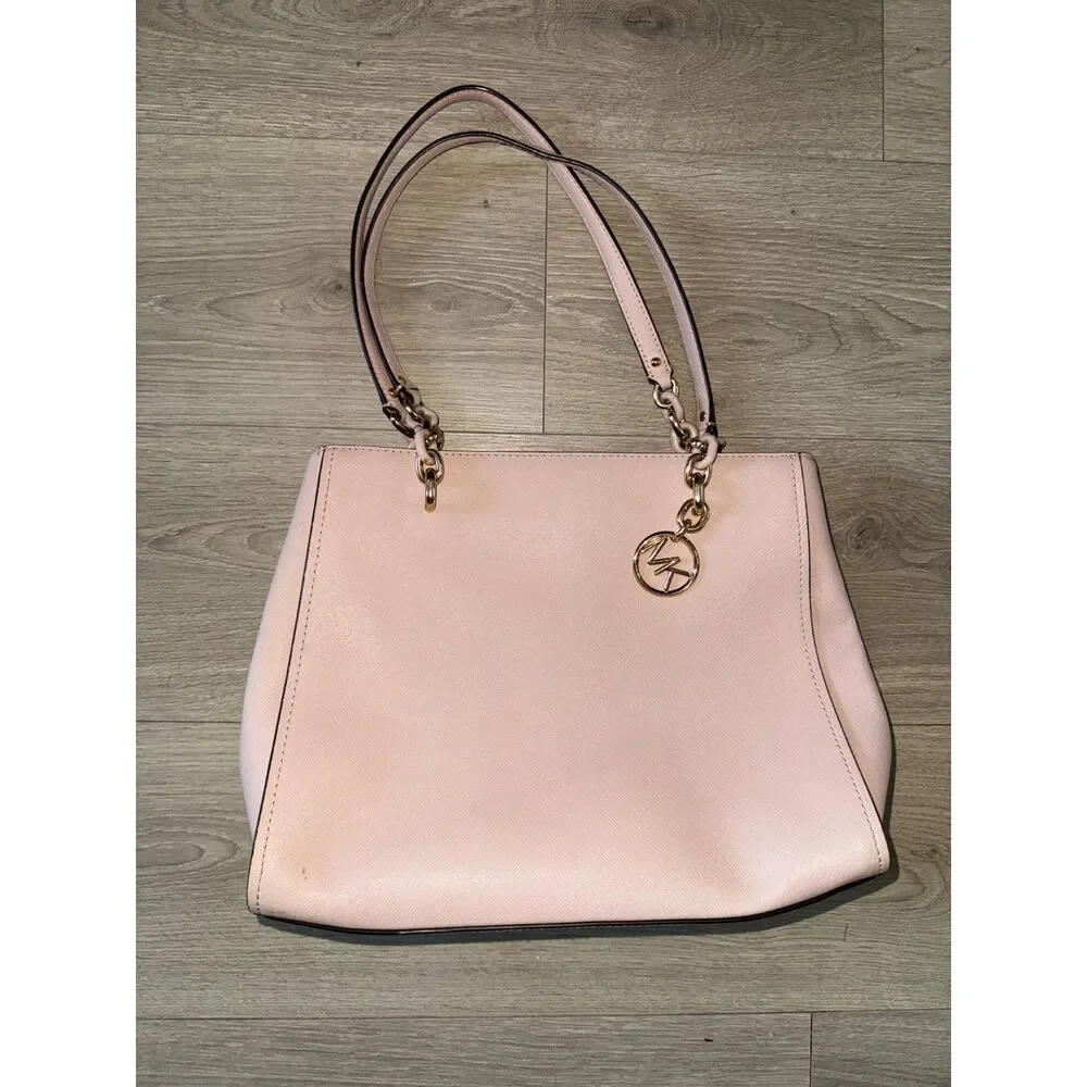 Michael Kors Blush Pink Saffiano Structured Tote Satchel MK Charm Gold Tone